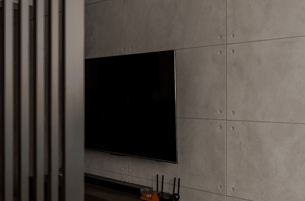 Brutalist space featuring concrete panels and wood furniture.